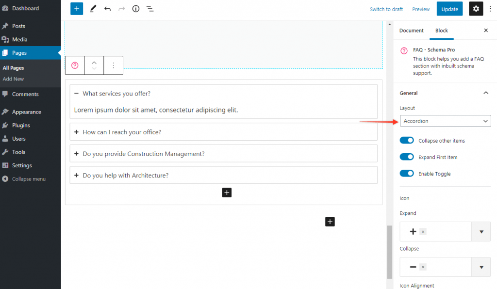 Faq accordion layout