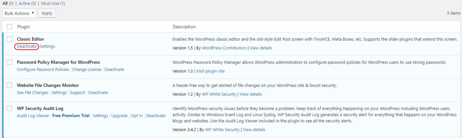 WordPress Plugin Deactivate