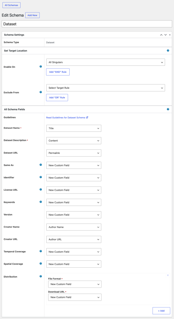 Schema Markup for a Dataset Page dataset global config