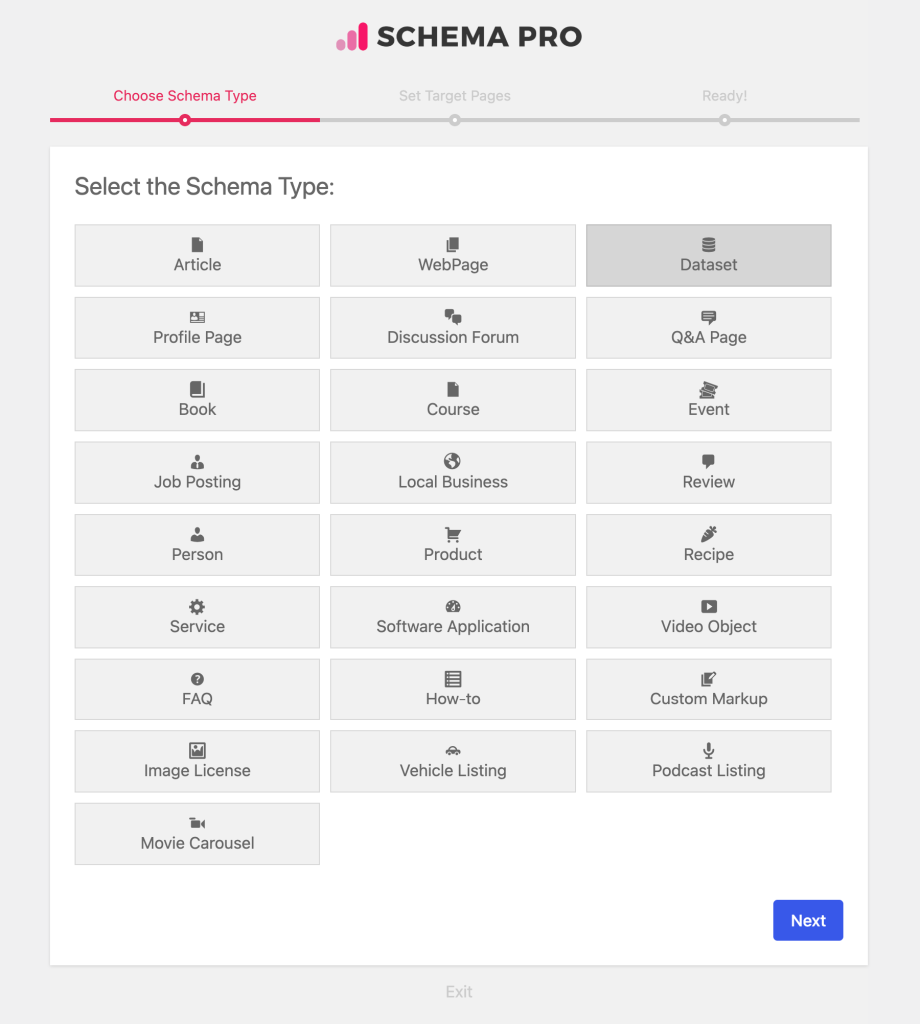 Schema Markup for a Dataset Page dataset selection